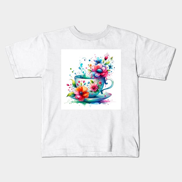 Whimsical Teacup With Flowers Kids T-Shirt by get2create